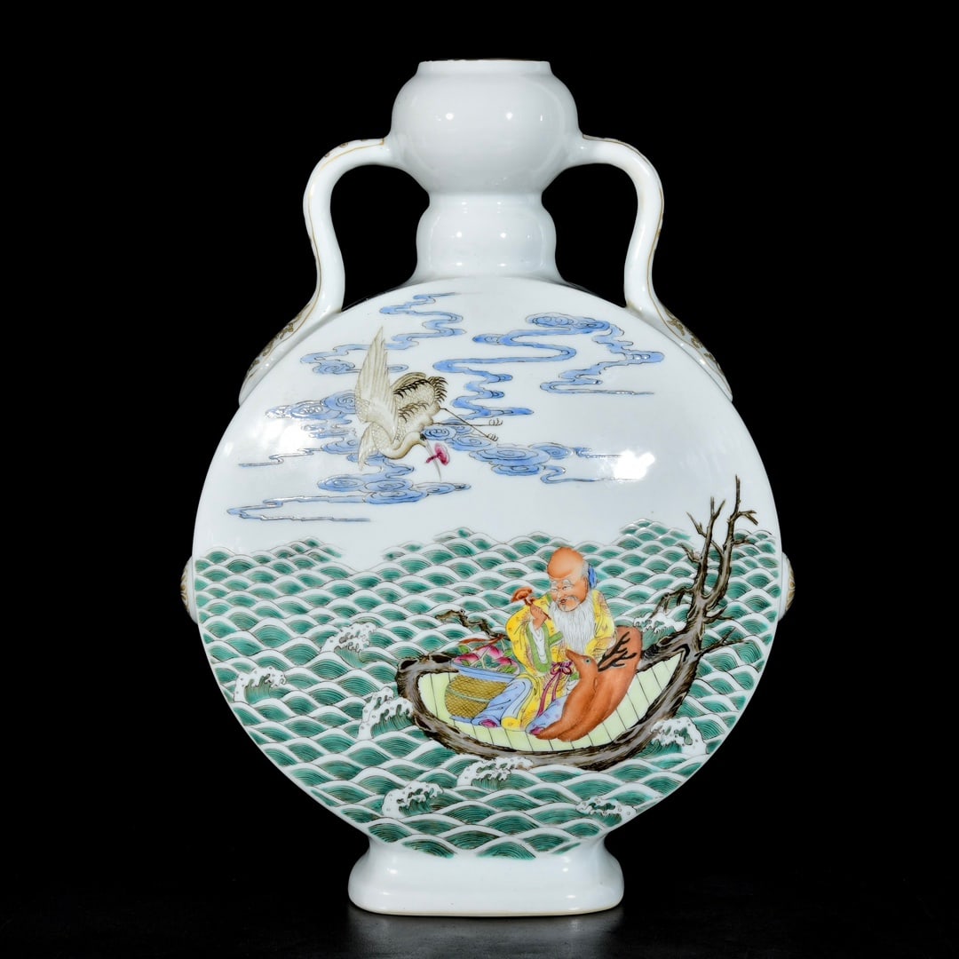 A Rare Famille-Rose Painted Gold Seawater,Figure and Crane Pattern Double-Ears Vase,With Poem: A Rare Famille-Rose Painted Gold Seawater,Figure and Crane Pattern Double-Ears Vase,With Poem,Qing Dynasty, China,Qianlong Six-character Mark,Size:14inx10.2in 