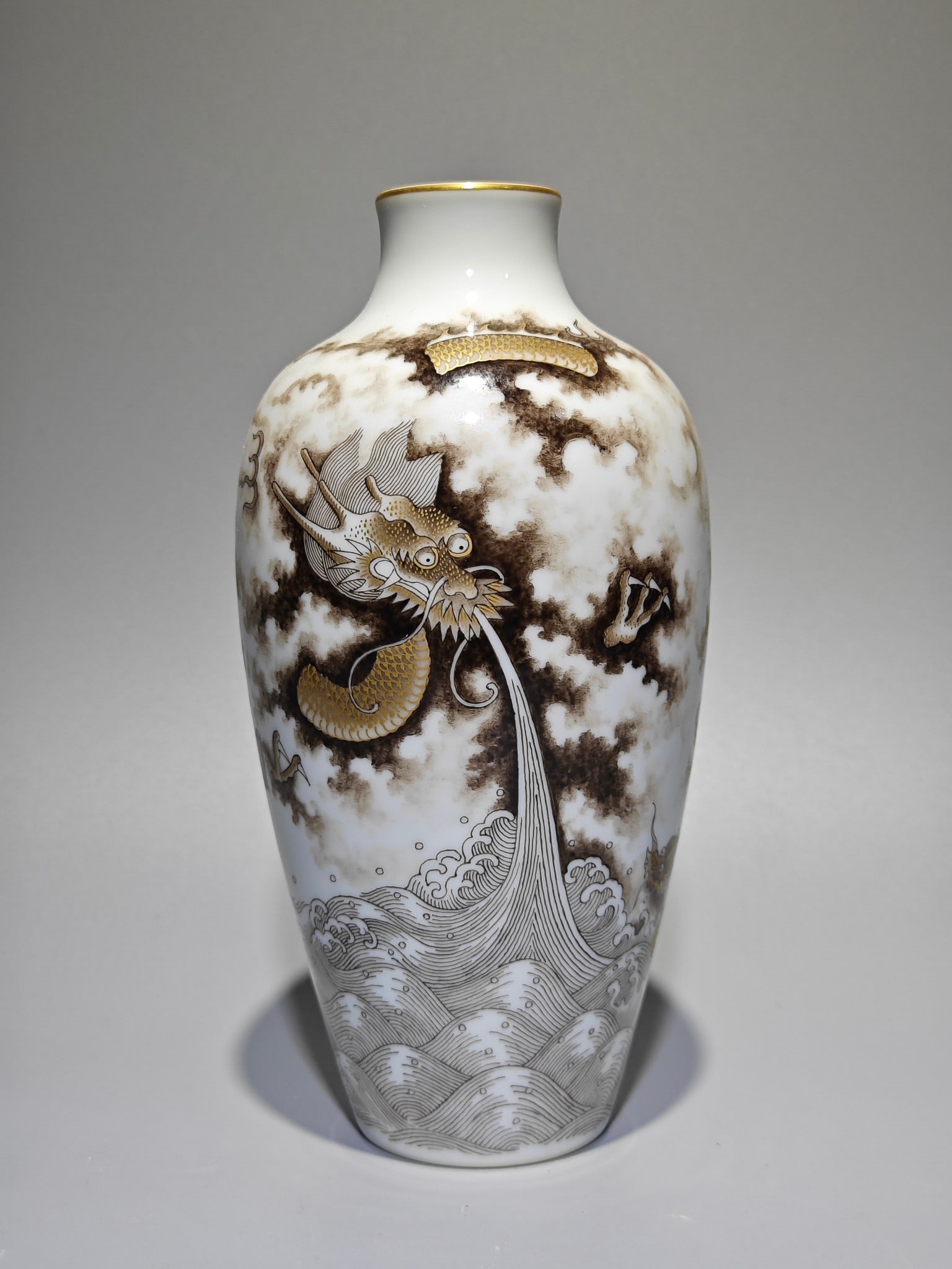 An Exquisite Ink Color Painted Gold Seawater Dragon Pattern Vase: An Exquisite Ink Color Painted Gold Seawater Dragon Pattern Vase,Qing Dynasty,China,Qianlong Four-character Mark,Size:8inx3.9in 
