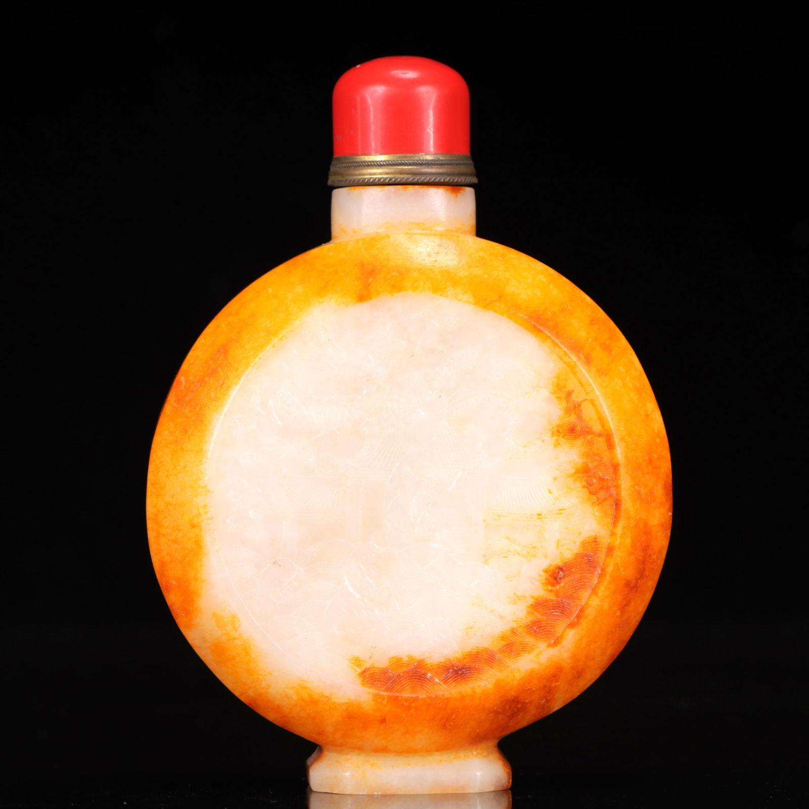 An Exquisite White Jade Landscape and Figure Pattern Snuff Bottle: An Exquisite White Jade Landscape and Figure Pattern Snuff Bottle,Qing Dynasty, China,Size:3.5inx1.6inx5.1in,Weight:390g 白玉山水人物纹鼻烟壶