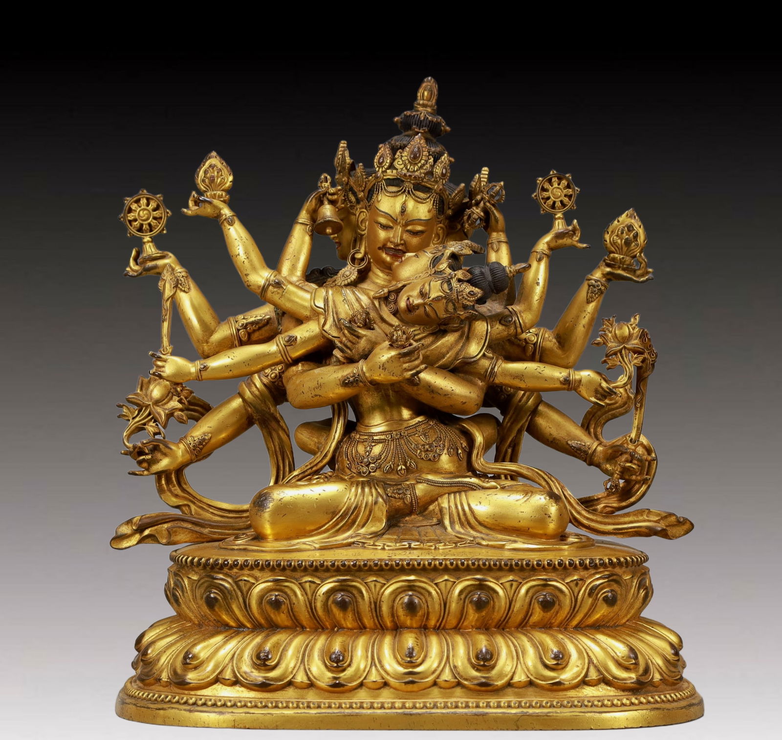 A Solemn Gilt Bronze Statue of Manjuvajra: A Solemn Gilt Bronze Statue of Manjuvajra,Qing Dynasty, China,Qianlong Mark,Size:9.8inx7.1inx11in,Weight:5750g 