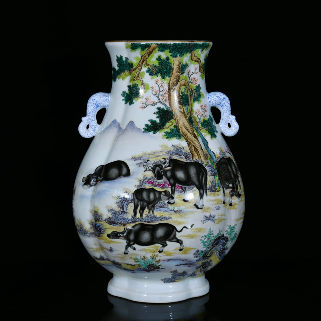 A Rare Famille-Rose Painted Gold Landscape and Buffalo Pattern Elephant-Ears Vase,With Poem: A Rare Famille-Rose Painted Gold Landscape and Buffalo Pattern Elephant-Ears Vase,With Poem,Qing Dynasty, China,Qianlong Six-character Mark,Size:14.6inx10.6in 粉彩描金山&