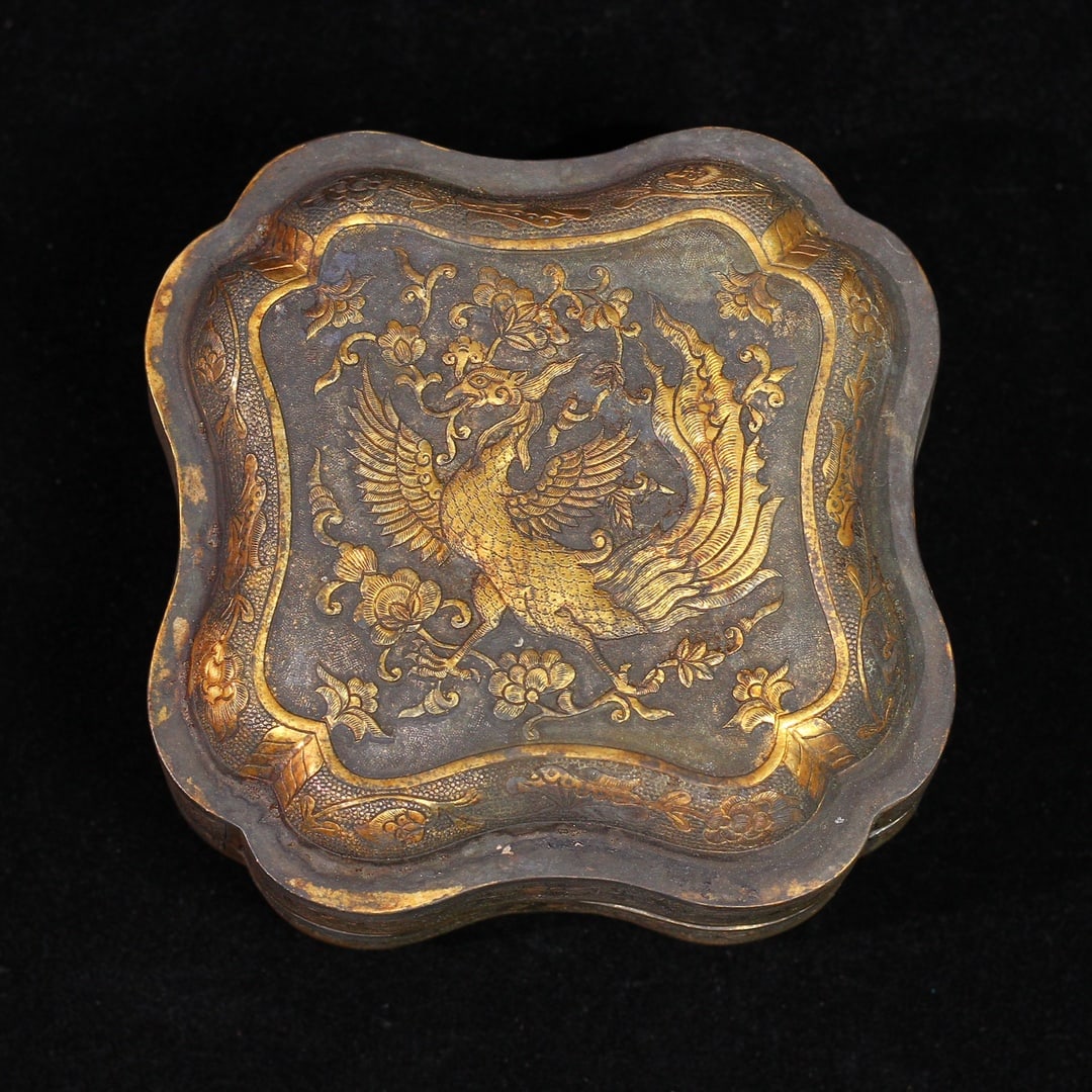 An Exquisite Gilt Bronze Flower and Bird Pattern Box with Cover: An Exquisite Gilt Bronze Flower and Bird Pattern Box with Cover,Qing Dynasty,China,Size:2.4inx5.1in,Weight:605g 铜鎏金花鸟纹盖盒,中国清