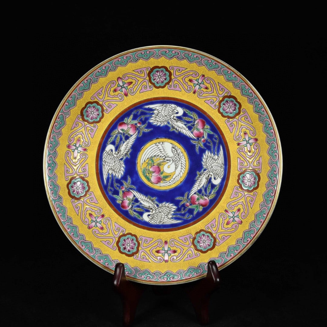 An Exquisite Famille-Rose Painted Gold Crane and Peach Pattern Plate (1 of 8)