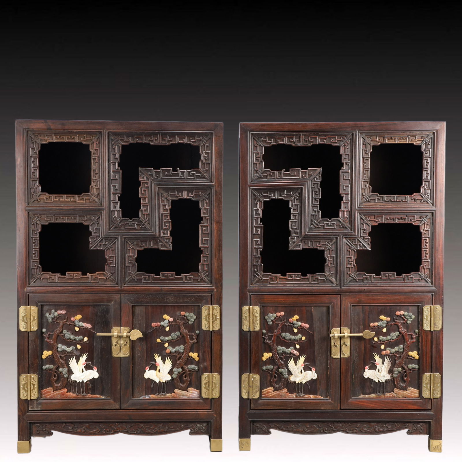 A Pair of Rare Zitanwood Inlaid Gems Pine and Crane Pattern Cabinets (1 of 17)