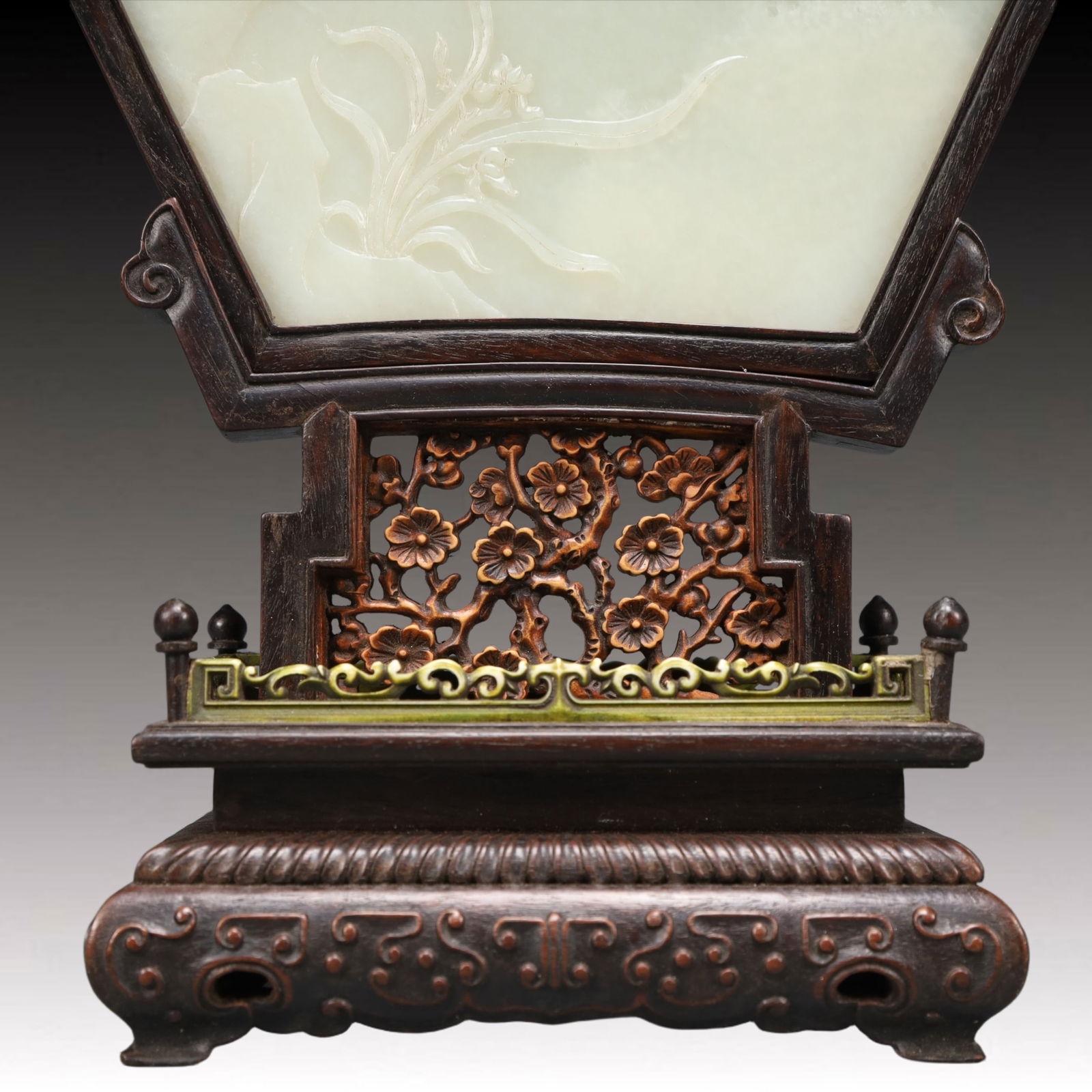 A Precious White Jade Flower Pattern Table Screen,With poem - 3
