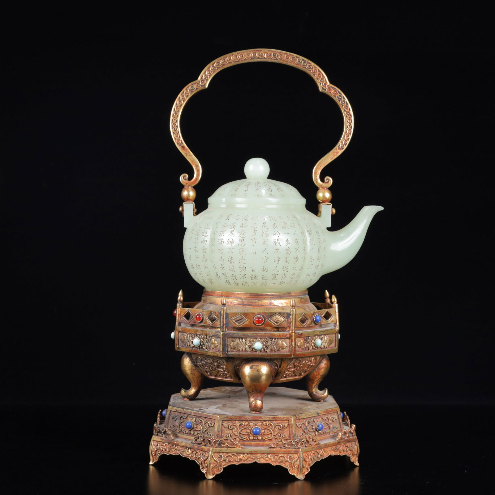 An Exquisite White Jade Poem Ewer with Gilt Bronze Handle,with Base: An Exquisite White Jade Poem Ewer with Gilt Bronze Handle,with Base,Qing Dynasty, China,Qianlong Four-character Mark,Size:5.7inx5.5inx11in,Weight:2100g 