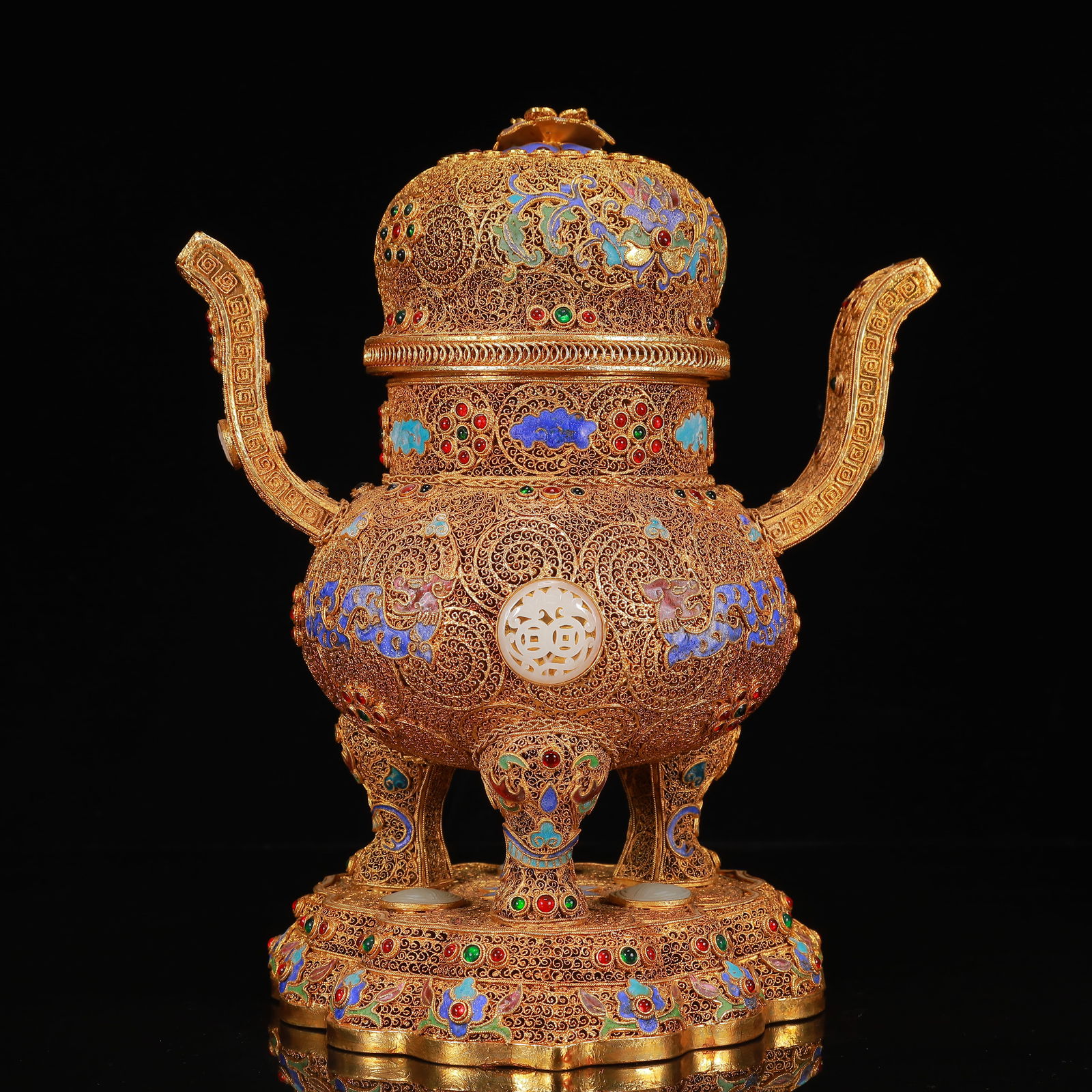 An Exquisite Filigree and Gilding Inlaid White Jade Dragon Pattern Double-Ears and Tripod: An Exquisite Filigree and Gilding Inlaid White Jade Dragon Pattern Double-Ears and Tripod Censer,Inlaid Gems,Qing Dynasty, China,Qianlong Four-Character Mark,Size:9.4inx6.7inx11in,Weight:1750g 