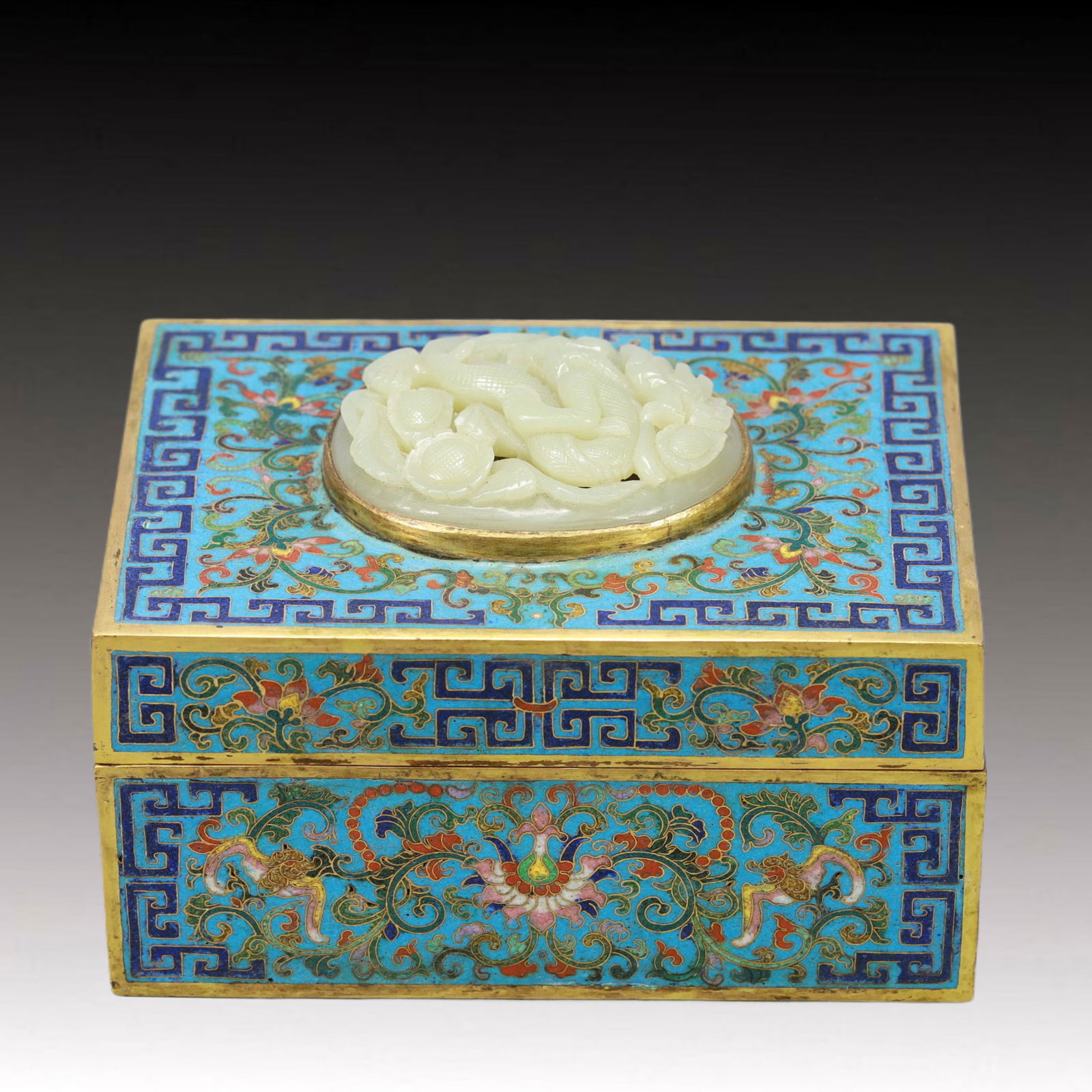 An Exquisite Cloisonne Lotus and Bats Pattern Cover Box,Inlaid White Jade: An Exquisite Cloisonne Lotus and Bats Pattern Cover Box,Inlaid White Jade,Qing Dynasty,China,Qianlong Four-character Mark,Size:6.5inx4.7inx3.1in,Weight:1800g 