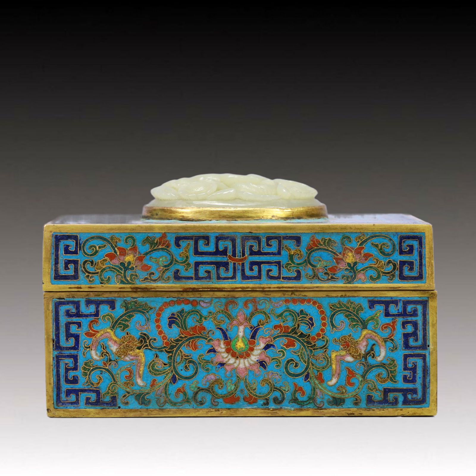 An Exquisite Cloisonne Lotus and Bats Pattern Cover Box,Inlaid White Jade - 2