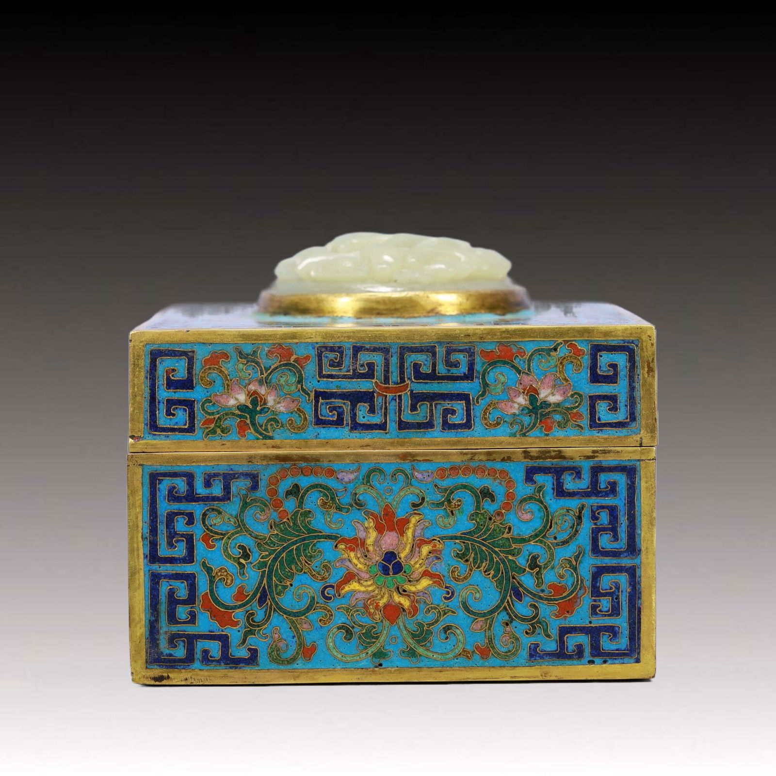 An Exquisite Cloisonne Lotus and Bats Pattern Cover Box,Inlaid White Jade - 3
