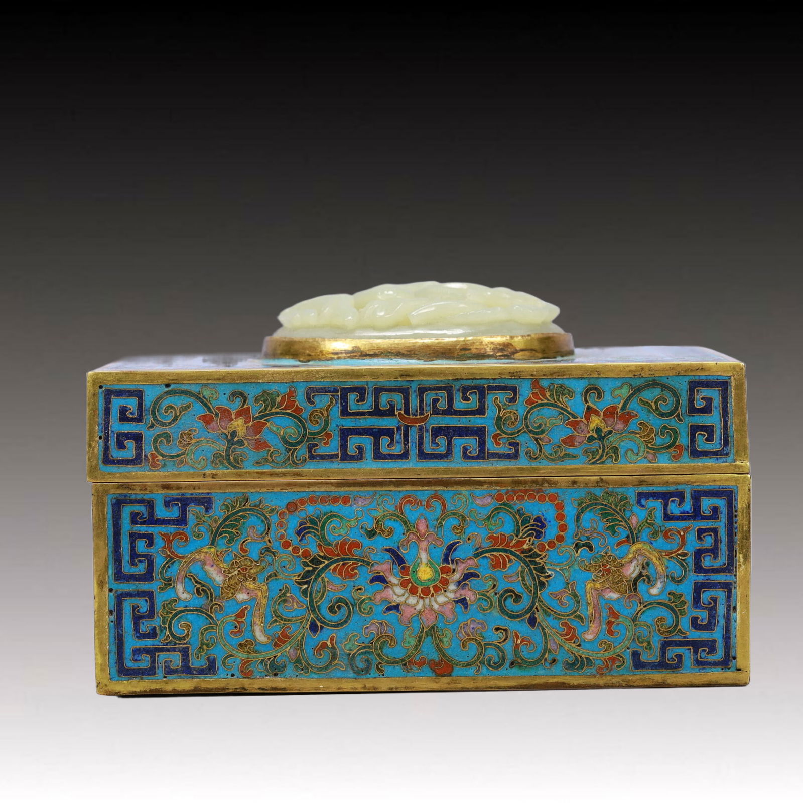 An Exquisite Cloisonne Lotus and Bats Pattern Cover Box,Inlaid White Jade - 4