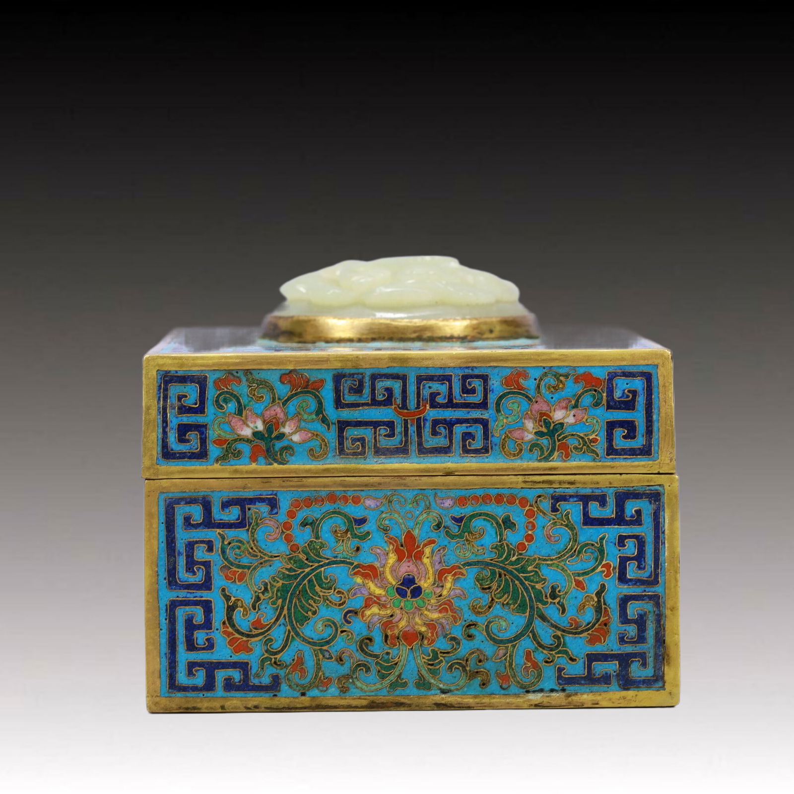 An Exquisite Cloisonne Lotus and Bats Pattern Cover Box,Inlaid White Jade - 5