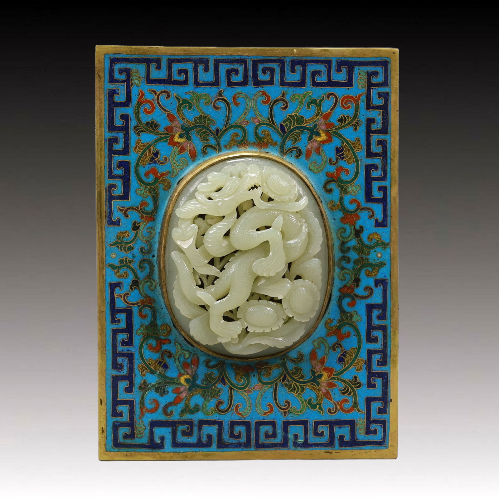 An Exquisite Cloisonne Lotus and Bats Pattern Cover Box,Inlaid White Jade - 6