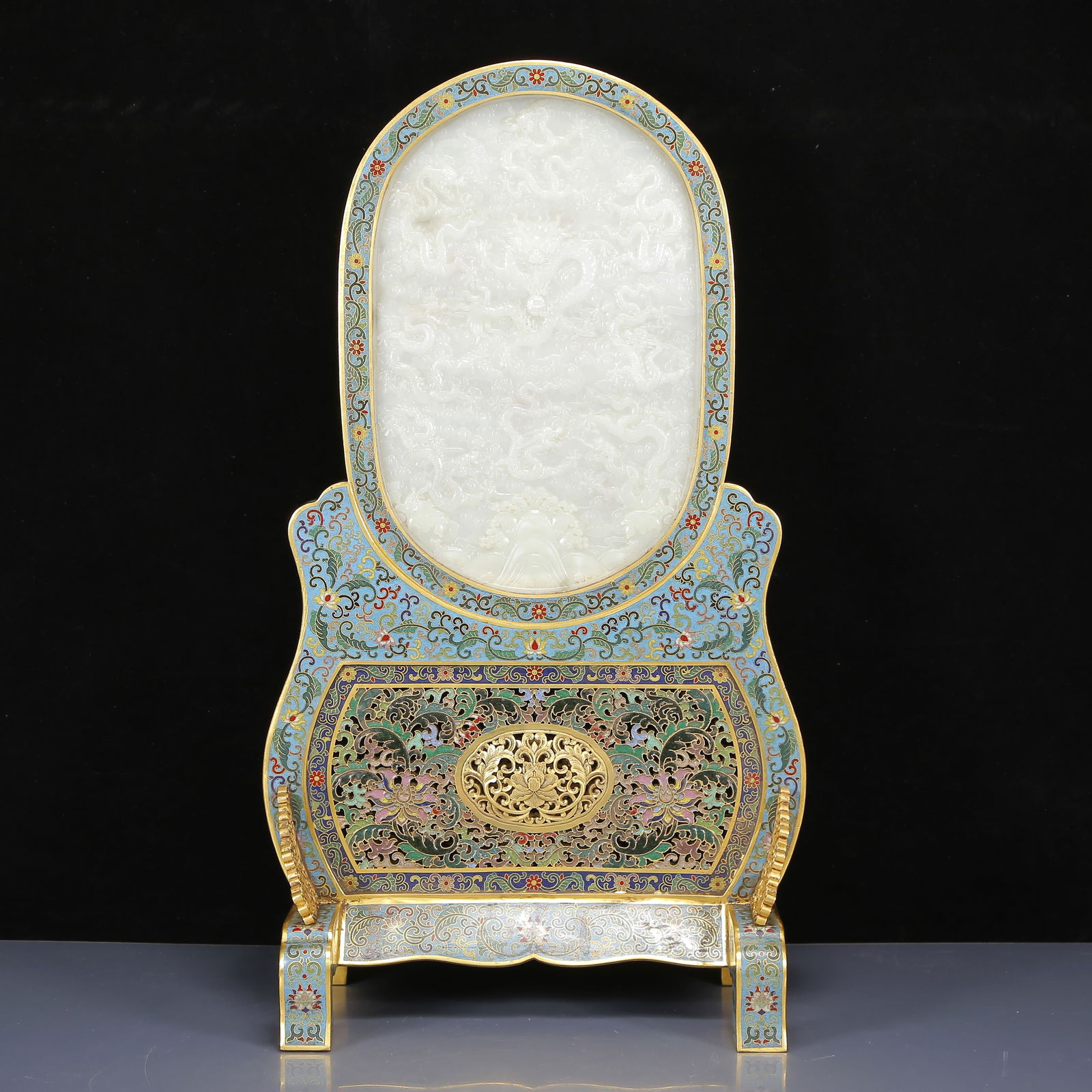 A Huge Cloisonne Inlaid White Jade Dragon Pattern Table Screen: A Huge Cloisonne Inlaid White Jade Dragon Pattern Table Screen,Qing Dynasty, China,Size:13inx8.3inx23.2in,Weight:6005g 