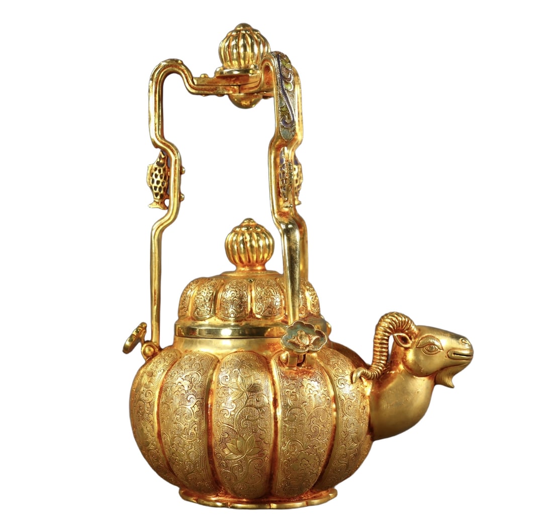 An Exquisite Gilt Bronze Lotus Pattern Sheep-head Loop-Handled Pot: An Exquisite Gilt Bronze Lotus Pattern Sheep-head Loop-Handled Pot,Qing Dynasty,China,Size:9.3inx6.3inx4.1in,Weight:989g 