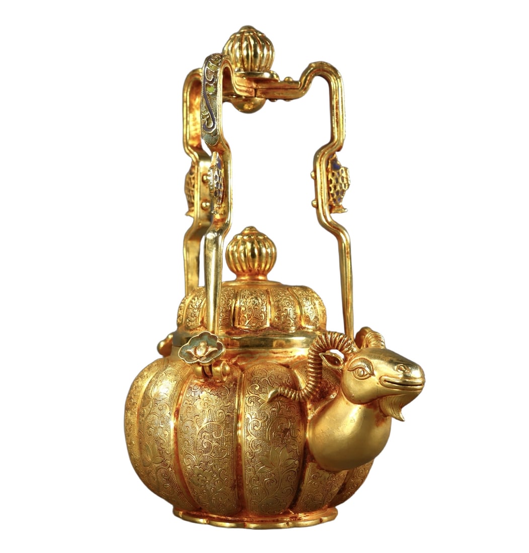 An Exquisite Gilt Bronze Lotus Pattern Sheep-head Loop-Handled Pot - 4