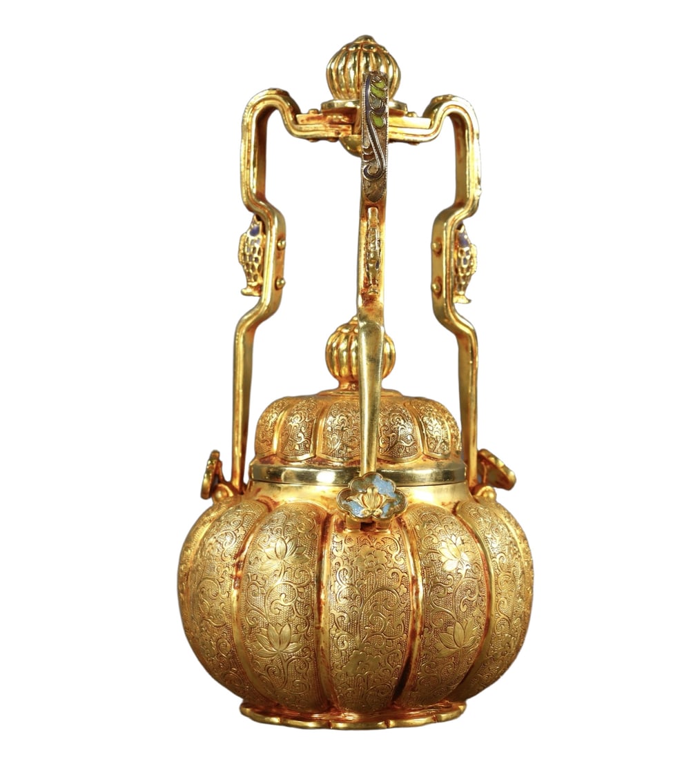 An Exquisite Gilt Bronze Lotus Pattern Sheep-head Loop-Handled Pot - 5