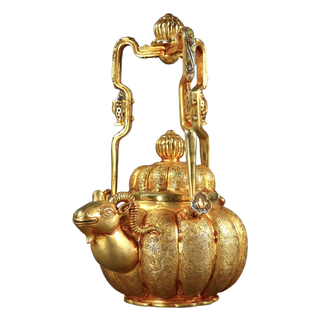 An Exquisite Gilt Bronze Lotus Pattern Sheep-head Loop-Handled Pot - 6