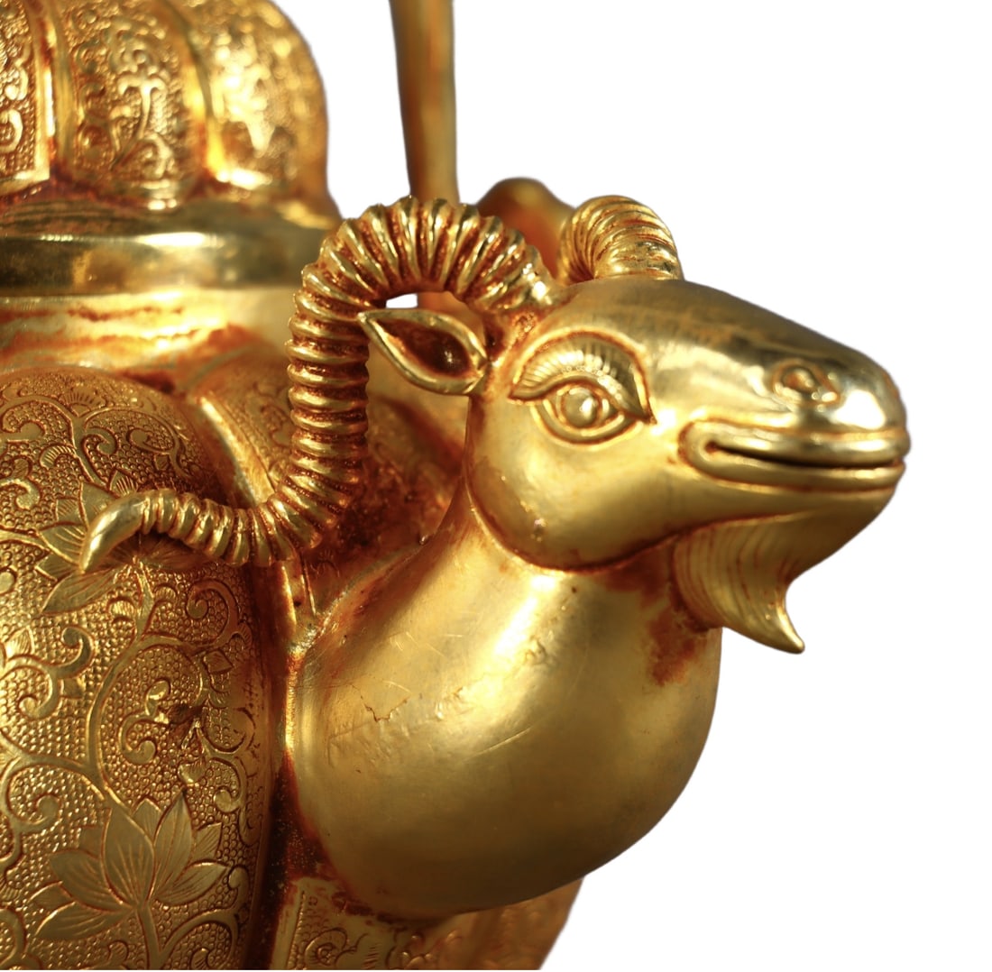 An Exquisite Gilt Bronze Lotus Pattern Sheep-head Loop-Handled Pot - 8