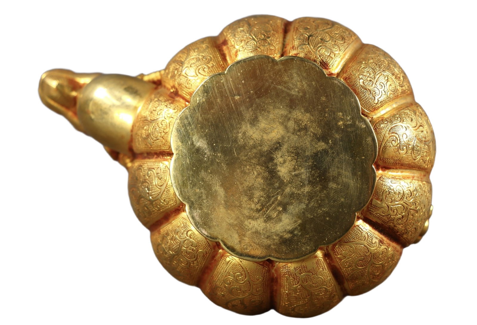 An Exquisite Gilt Bronze Lotus Pattern Sheep-head Loop-Handled Pot - 9