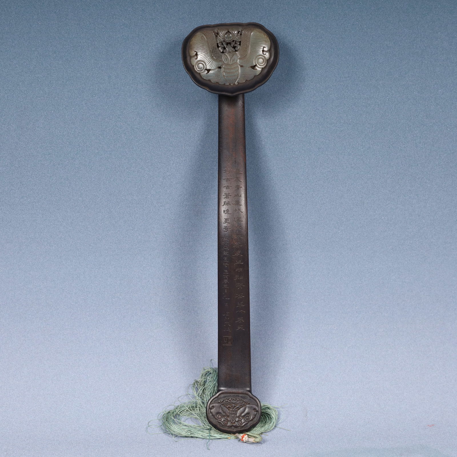 A Rare Zitanwood Inlaid White Jade Bats Pattern Ruyi,With Poem: A Rare Zitanwood Inlaid White Jade Bats Pattern Ruyi,With Poem,Qing Dynasty, China,Size:3.5inx2.4inx14.2in,Weight:150g 