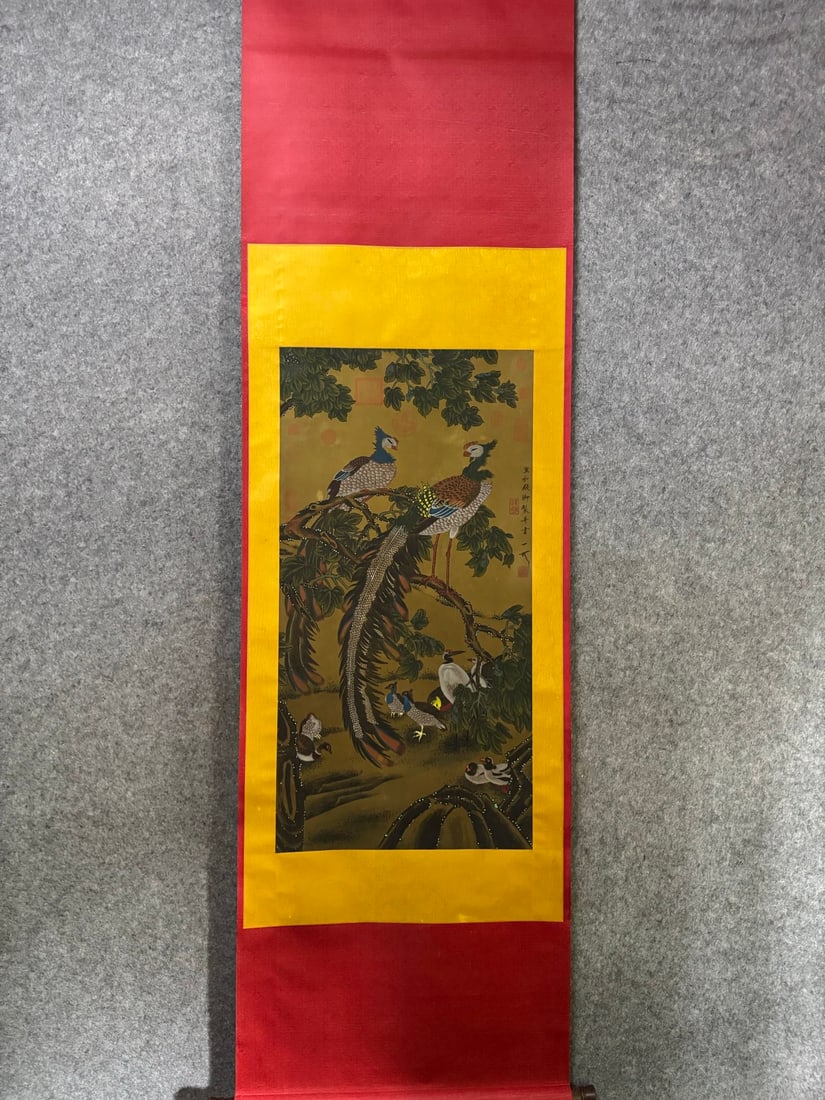 A Chinese Vertical Scroll Ink Painting of Flower and Bird on Silk,Song Huizong (1 of 9)