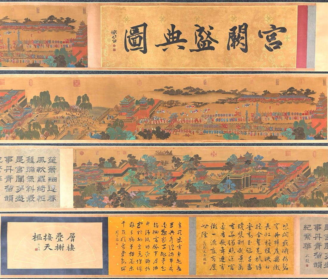 A Chinese Hand Scroll Ink Painting of Character and Story on Silk,Chou Ying: A Chinese Hand Scroll Ink Painting of Character and Story on Silk,Chou Ying,Size:(Without frame)143.7inx16.3in,(Entirety)367.3inx18.1in 一幅中国水墨绢本