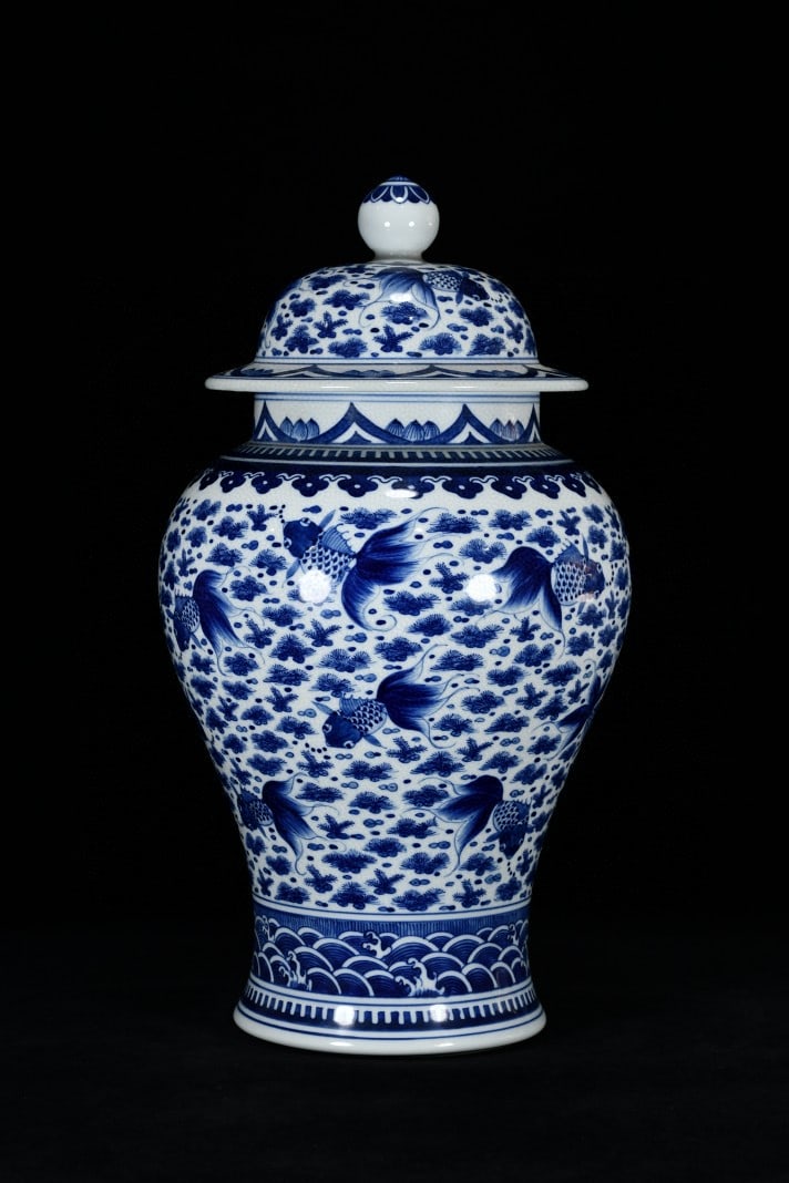 A Rare Blue and White Seawater and Goldfish Pattern Cover Jar (1 of 8)