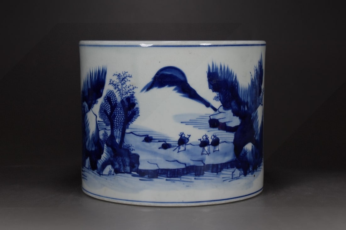 An Exquisite Blue and White Landscape and Figure Pattern Brush Pot (1 of 9)