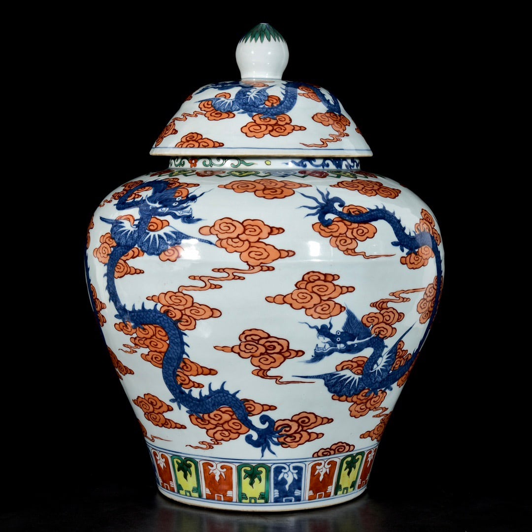 A Huge Doucai Auspicious Cloud and Dragon Pattern Cover Jar: A Huge Doucai Auspicious Cloud and Dragon Pattern Cover Jar,Ming Dynasty, China,Jiajing Six-character Mark,Size:20.1inx15in 