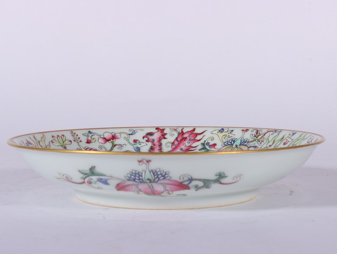 An Exquisite Famille-Rose White Ground Painted Gold Lotus and Phoenix Pattern Pattern Plate: An Exquisite Famille-Rose White Ground Painted Gold Lotus and Phoenix Pattern Pattern Plate,Qing Dynasty, China,Guangxu Six-character Mark,Size:1.3inx7.1inx4.1in 
