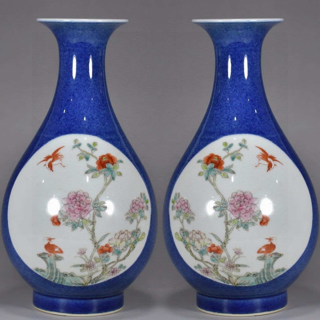 A Pair of Exquisite Blue Glazed Famille-Rose Flower and Bird Pattern Vases: A Pair of Exquisite Blue Glazed Famille-Rose Flower and Bird Pattern Vases,Qing Dynasty, China,Guangxu Six-character Mark,Size:10.2inx5.9in 