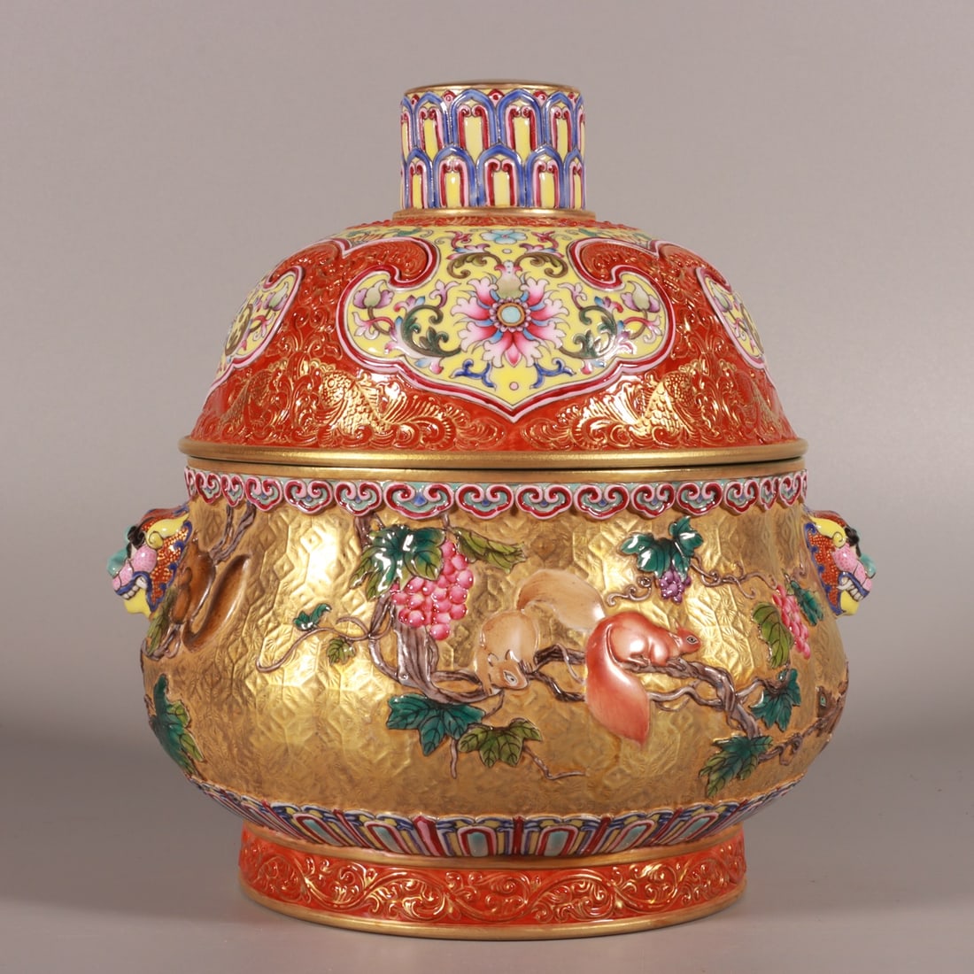 An Exquisite Enamel Gold Ground Squirrel and Grapes Pattern Lion-Ears Censer: An Exquisite Enamel Gold Ground Squirrel and Grapes Pattern Lion-Ears Censer,Qing Dynasty, China,Qianlong Six-character Mark,Size:7.5inx6.3in 