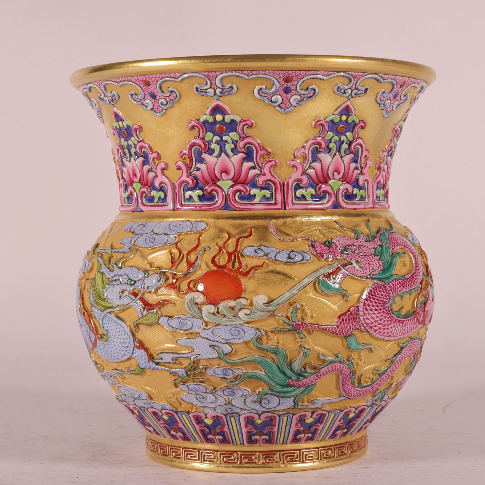 An Exquisite Enamel Gold Ground Auspicious Cloud and Dragon Pattern Jar: An Exquisite Enamel Gold Ground Auspicious Cloud and Dragon Pattern Jar,Qing Dynasty, China,Qianlong Six-character Mark,Size:5.3inx5.1in 