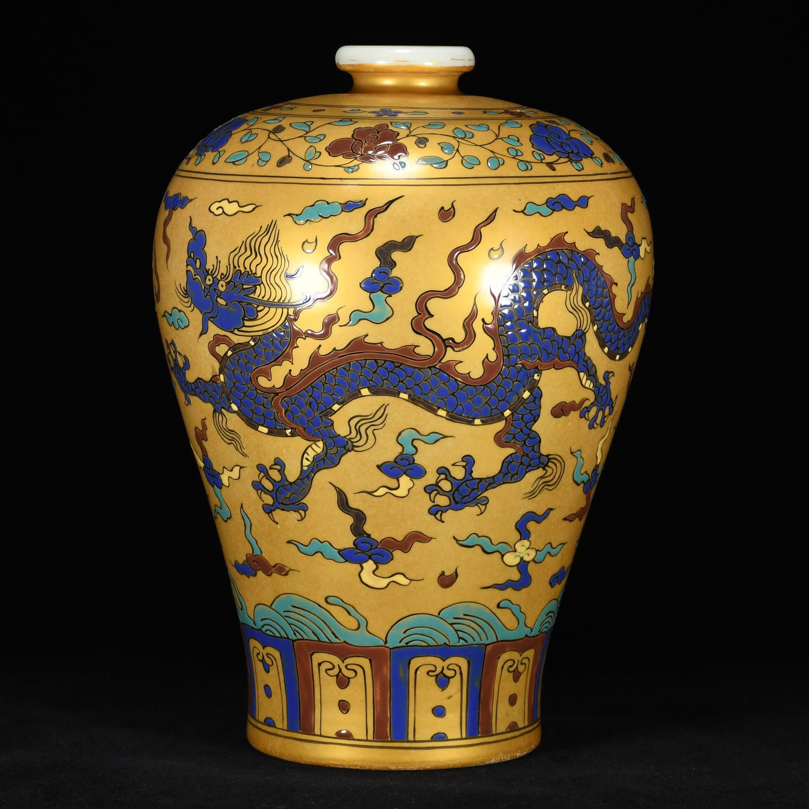 A Rare Gold Ground Wucai Auspicious Cloud and Dragon Pattern Vase (1 of 9)