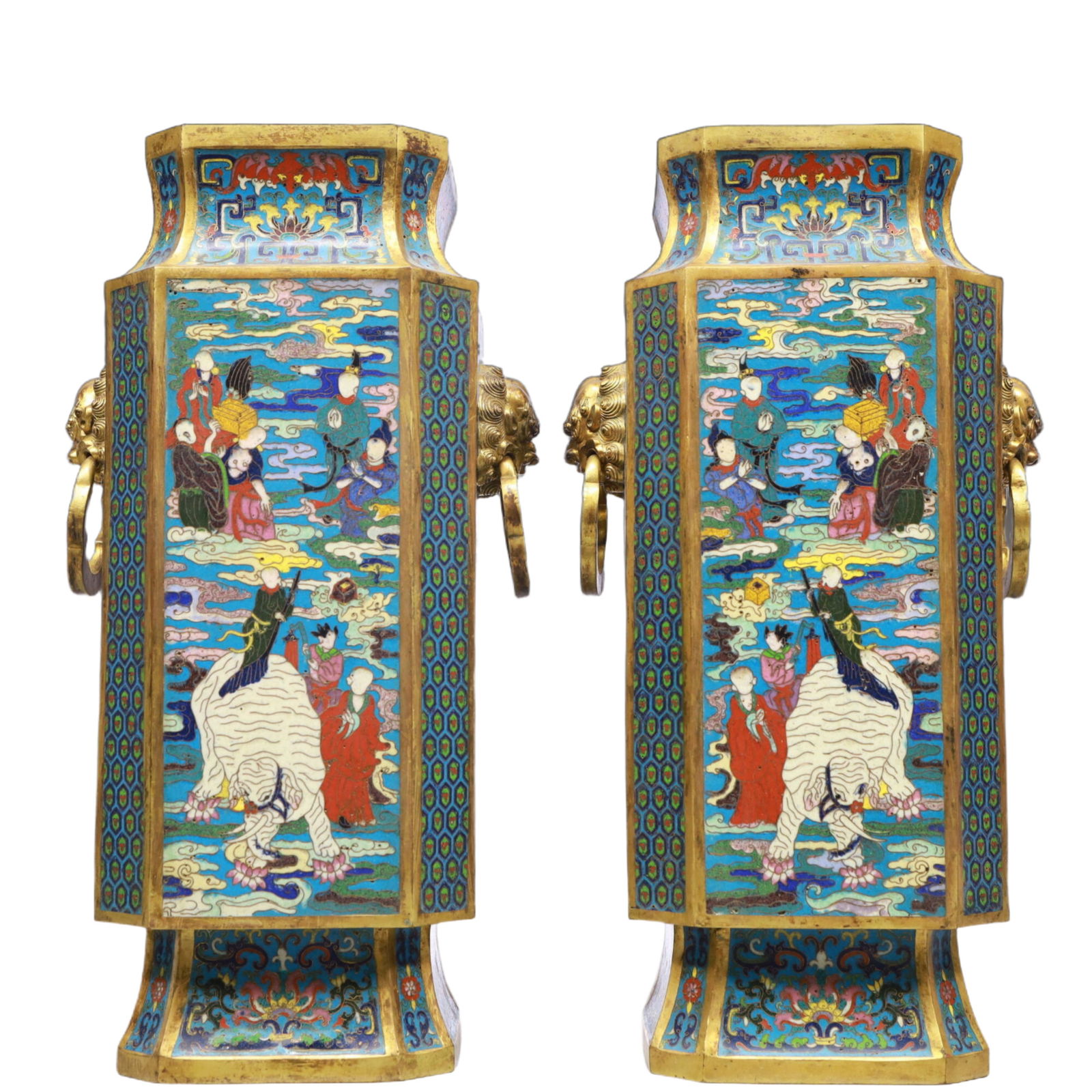 A Pair of Exquisite Cloisonne Character and Story Pattern Double-Ears Vases: A Pair of Exquisite Cloisonne Character and Story Pattern Double-Ears Vases,Qing Dynasty, China,Qianlong Four-character Mark,Size:7.5inx14.6in Weight:8650g 
