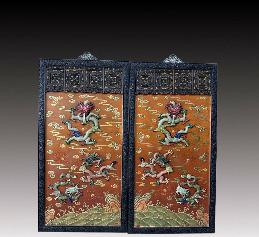 A Pair of Huge Zitanwood Auspicious Cloud and Dragon Pattern Hanging Panels, Inlaid Gems: A Pair of Huge Zitanwood Auspicious Cloud and Dragon Pattern Hanging Panels, Inlaid Gems,Qing Dynasty, China,Size:42.5inx22in 