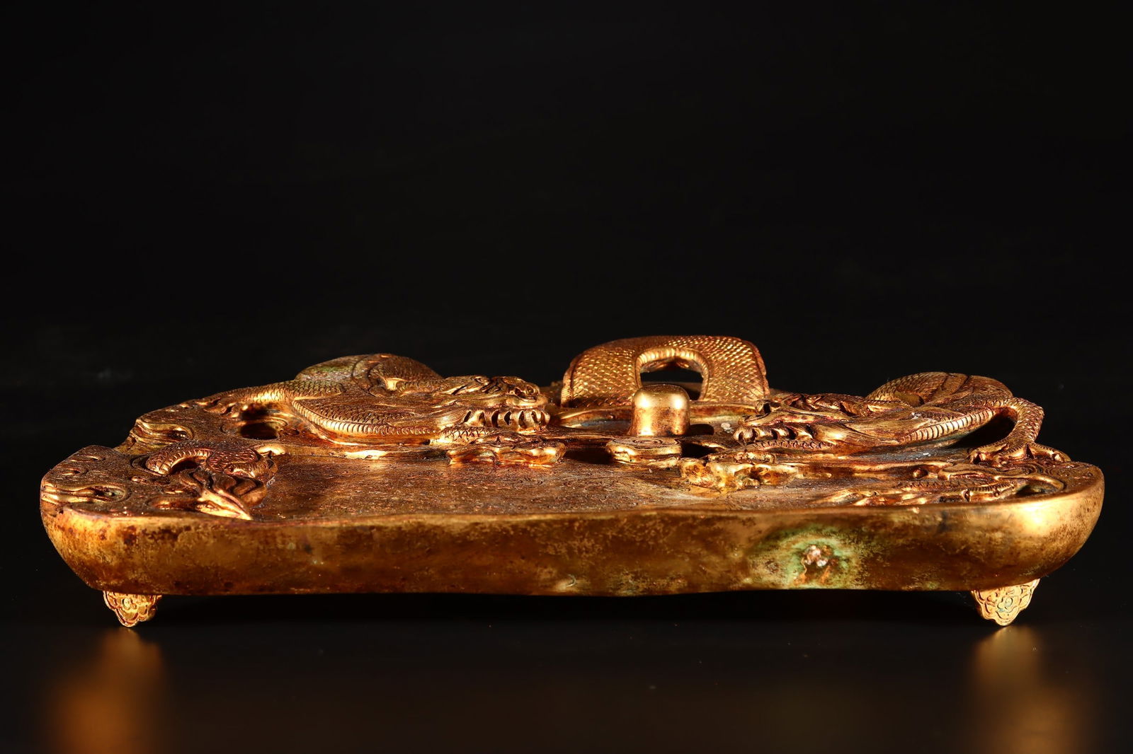 A Rare Gilt Bronze Dragon Pattern Inkstone - 7