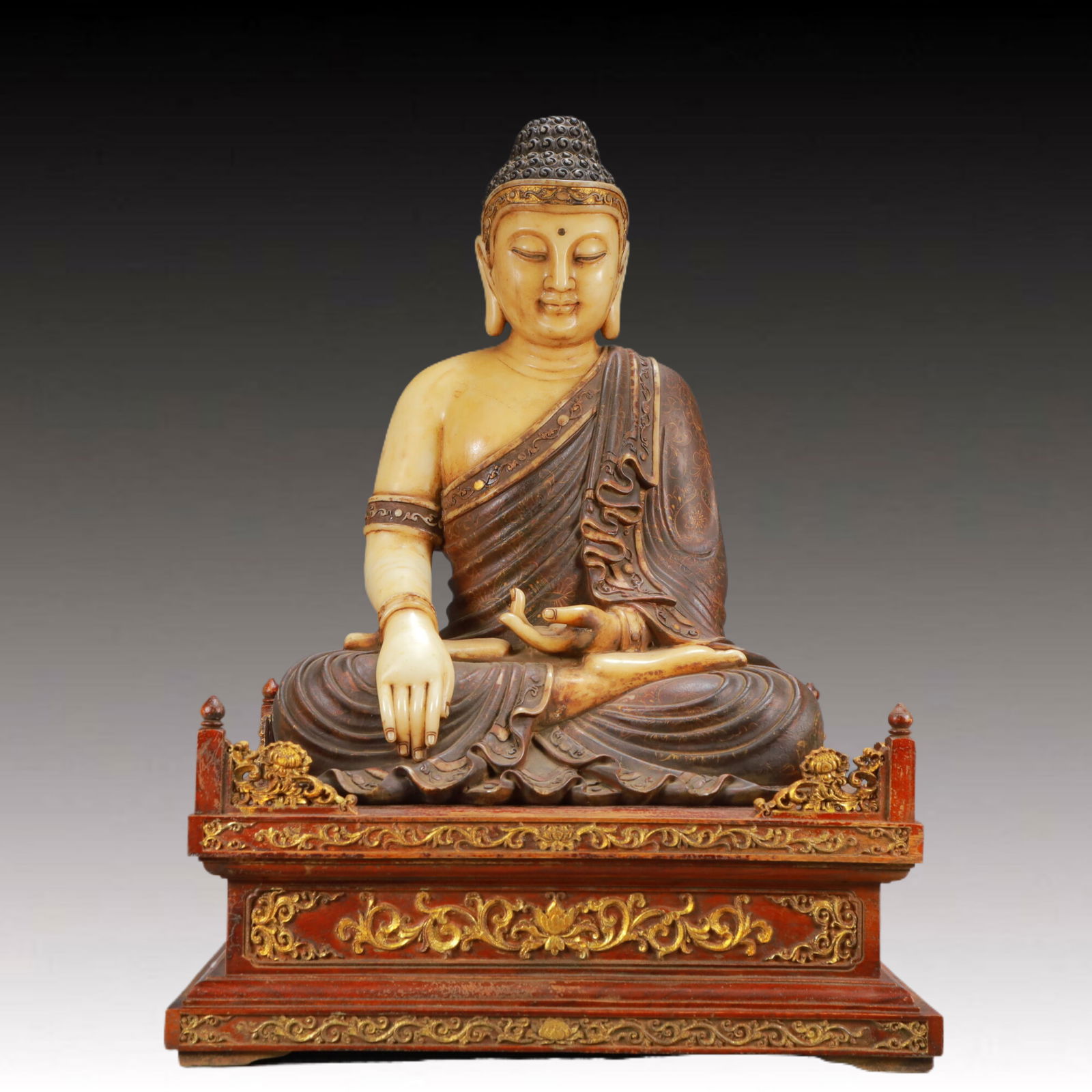 A Solemn Marble Painted Color Statue of Sakyamuni: A Solemn Marble Painted Color Statue of Sakyamuni,Qing Dynasty, China,Size:13.8inx9.8inx18.5in,Weight:26800g 汉白玉彩绘释迦摩尼像,中&#