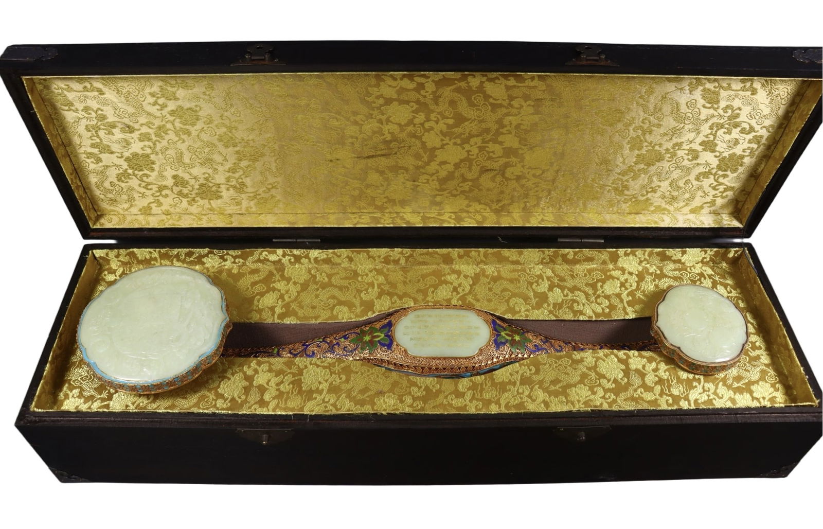 An Exquisite Filigree and Gilding Inlaid White Jade Lotus Pattern Ruyi,With Poem (1 of 9)