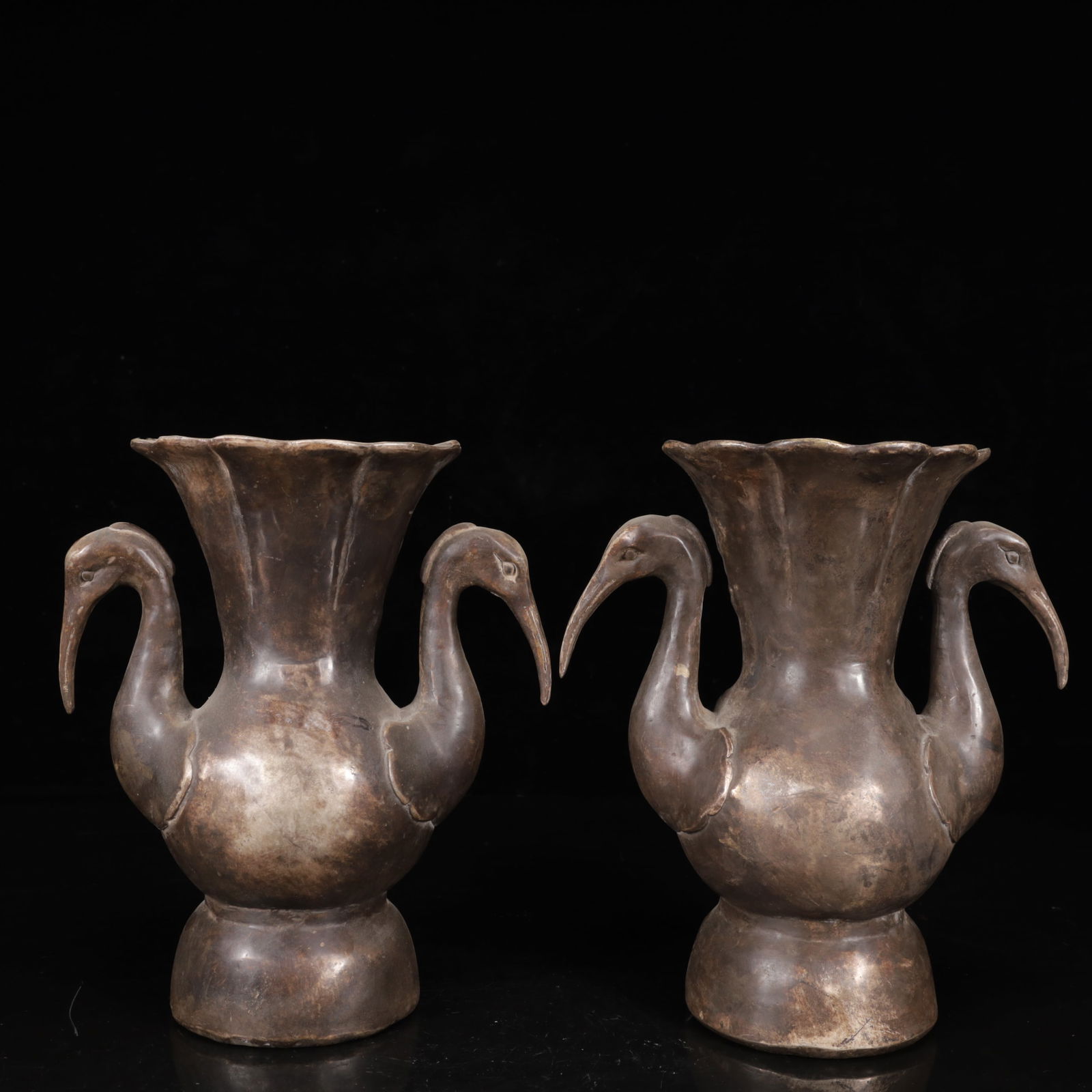 A Pair of Exquisite Silver Crane Pattern Double-Ears Vases (1 of 19)