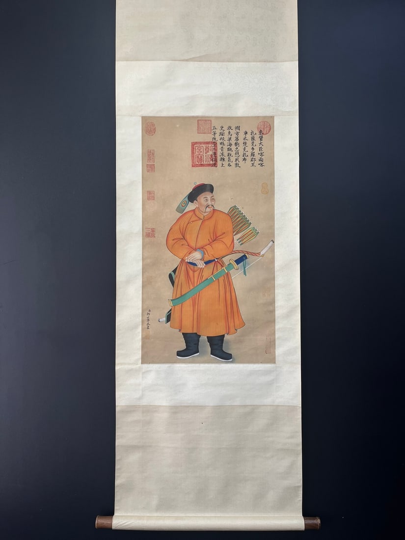 A Chinese Vertical Scroll Ink Painting of Figure on Silk,Lang Shining: A Chinese Vertical Scroll Ink Painting of Figure on Silk,Lang Shining,Size:15.7inx29.1in 