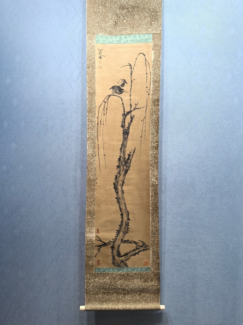 A Chinese Vertical Scroll Ink Painting of Flower and Bird on Paper,Bada Shanren: A Chinese Vertical Scroll Ink Painting of Flower and Bird on Paper,Bada Shanren,Size:13.3inx53.3in 