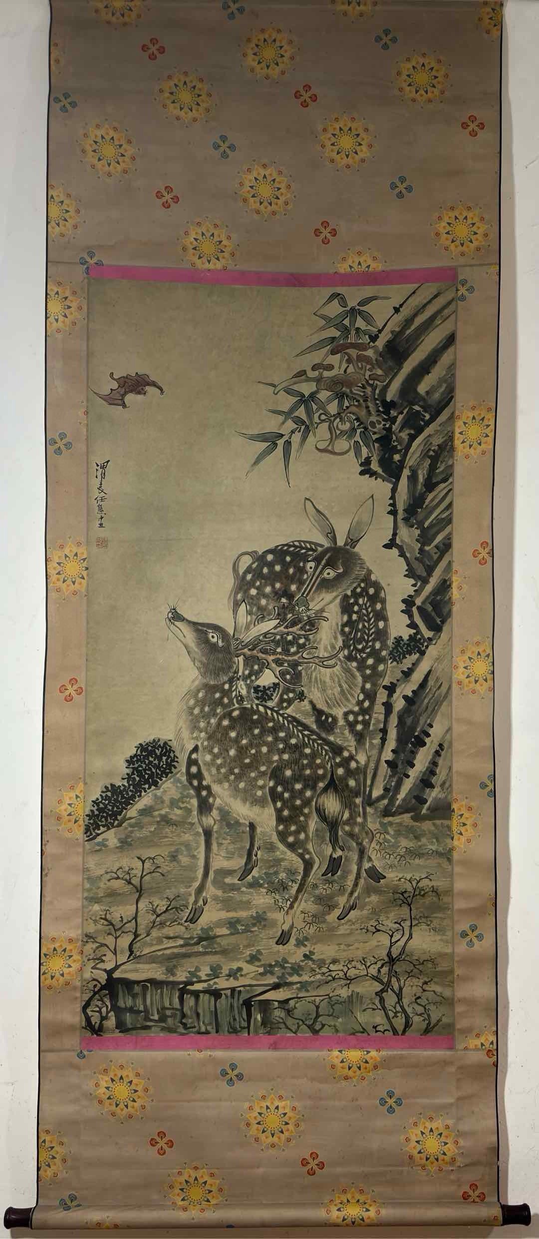 A Chinese Vertical Scroll Ink Painting of Deer on Paper,Ren Xiong: A Chinese Vertical Scroll Ink Painting of Deer on Paper,Ren Xiong,Size:(Without frame)53.3inx26in 一幅中国水墨鹿图立轴,任熊