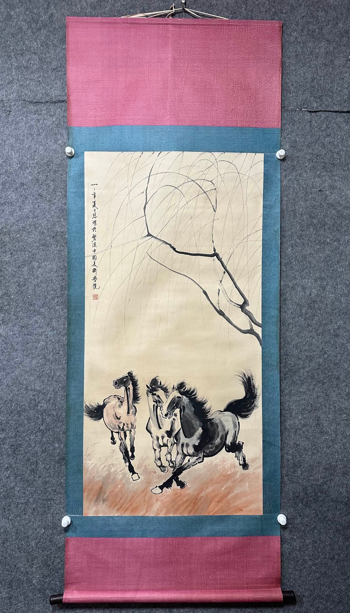 A Chinese Vertical Scroll Ink Painting of Horse on Paper,Xu Beihong: A Chinese Vertical Scroll Ink Painting of Horse on Paper,Xu Beihong,Size:(Without frame):26.8inx53.9in 
