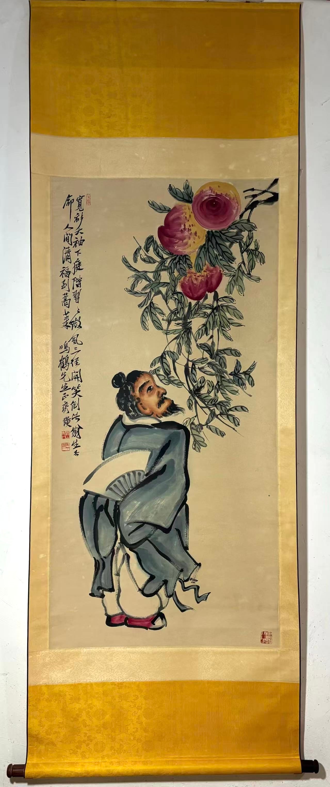 A Chinese Vertical Scroll Ink Painting of Figure and Peach on Paper,Qi Baishi: A Chinese Vertical Scroll Ink Painting of Figure and Peach on Paper,Qi Baishi,Size:(Without frame)53.7inx26.2in 