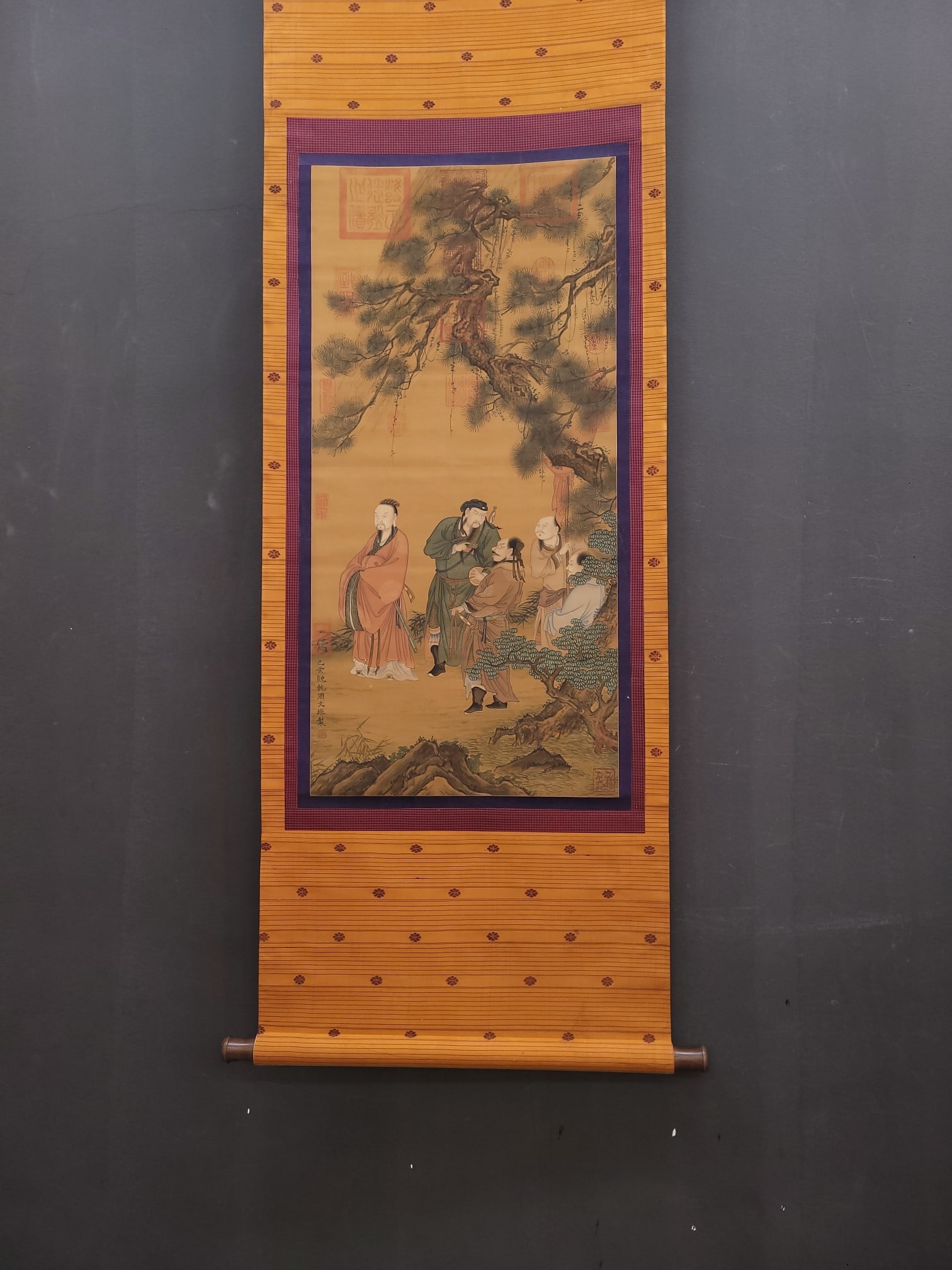 A Chinese Vertical Scroll Ink Painting of Landscape and Figure on Silk,Zhou Wenju: A Chinese Vertical Scroll Ink Painting of Landscape and Figure on Silk,Zhou Wenju,Size:(Without frame)17.7inx36.6in 一幅中国水墨绢本山水