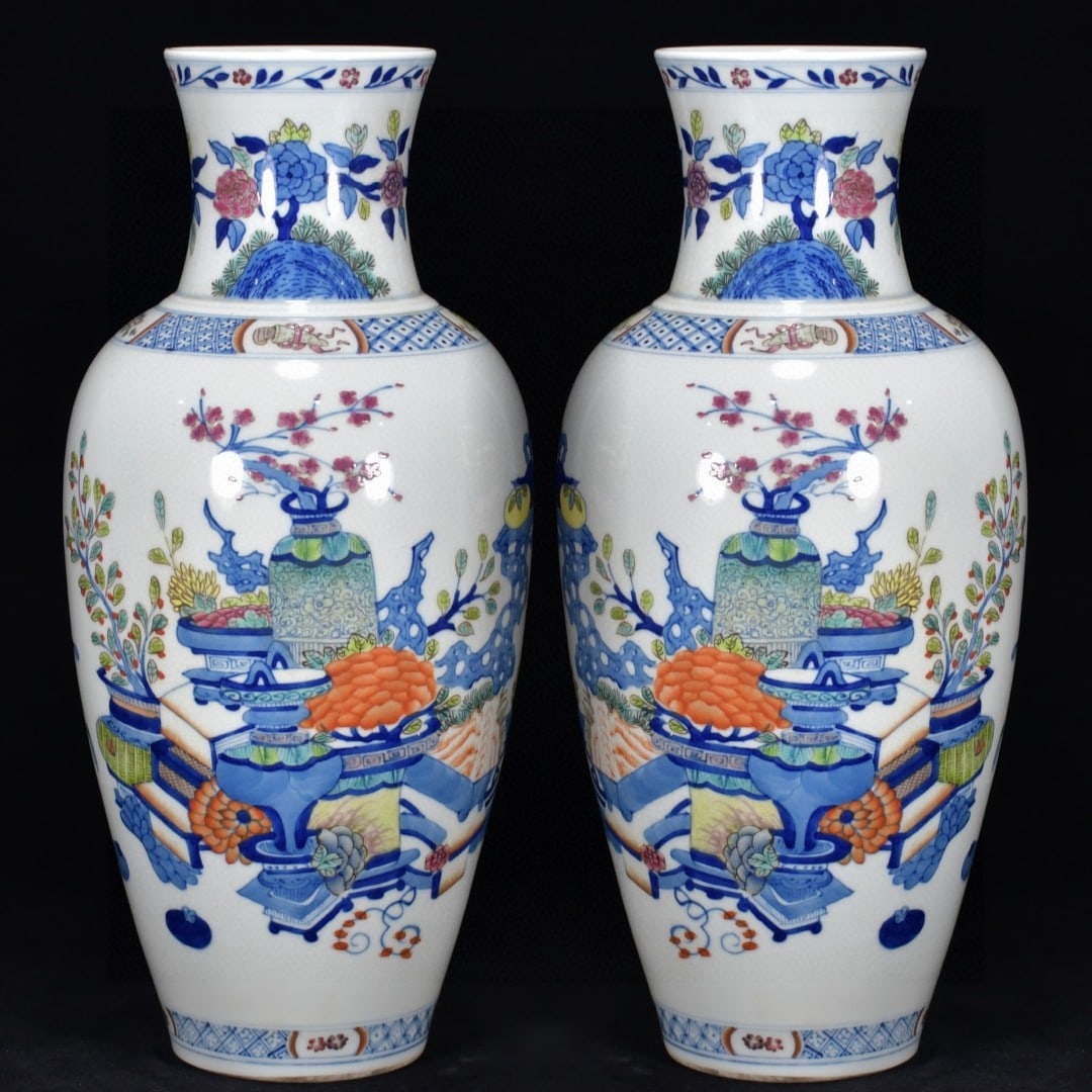 A Pair of Rare Doucai Bogu Pattern Vases (1 of 9)