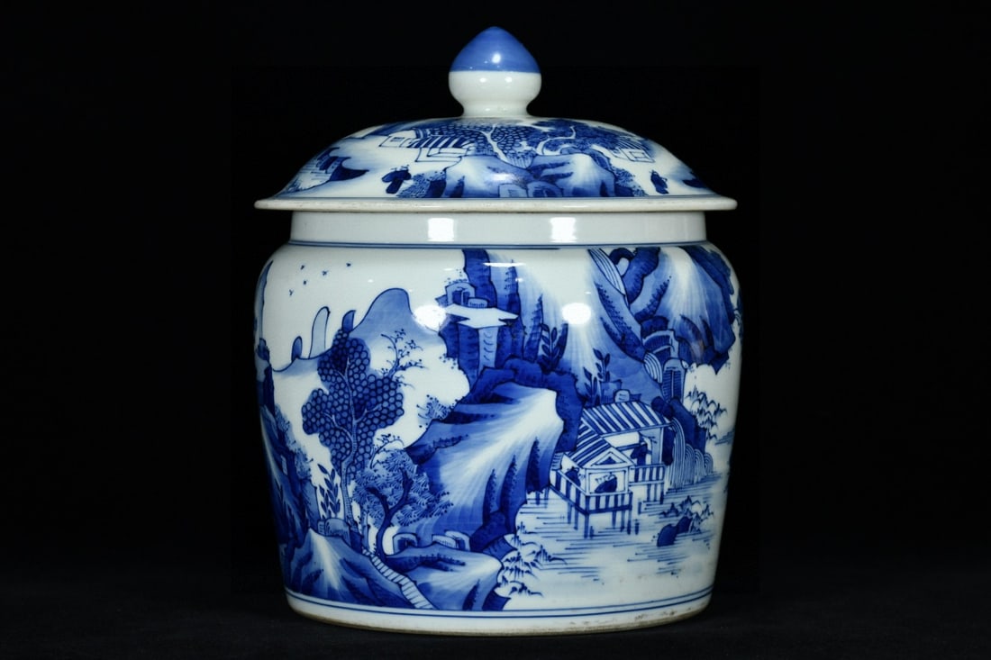 An Exquisite Blue and White Landscape and Figure Pattern Cover Jar: An Exquisite Blue and White Landscape and Figure Pattern Cover Jar,Qing Dynasty, China,Kangxi Six-character Mark,Size:11inx9.1in 青花山水人物纹盖罐