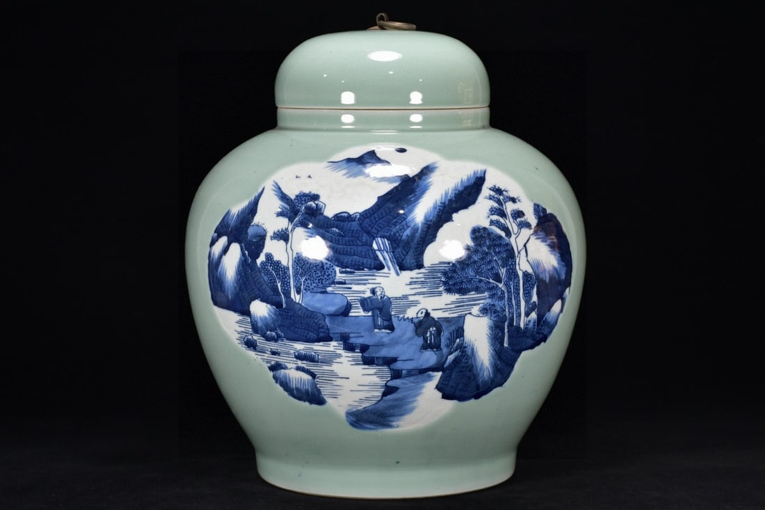 A Rare Celadon Glazed Blue and White Inlaid Bronze Landscape and Figure Pattern Jar (1 of 8)